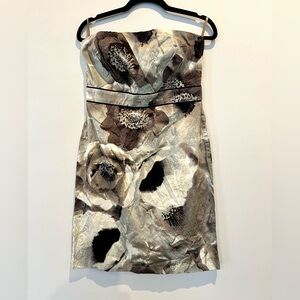 Strapless New York & Company Floral Dress Pleated Top Khaki Size 8